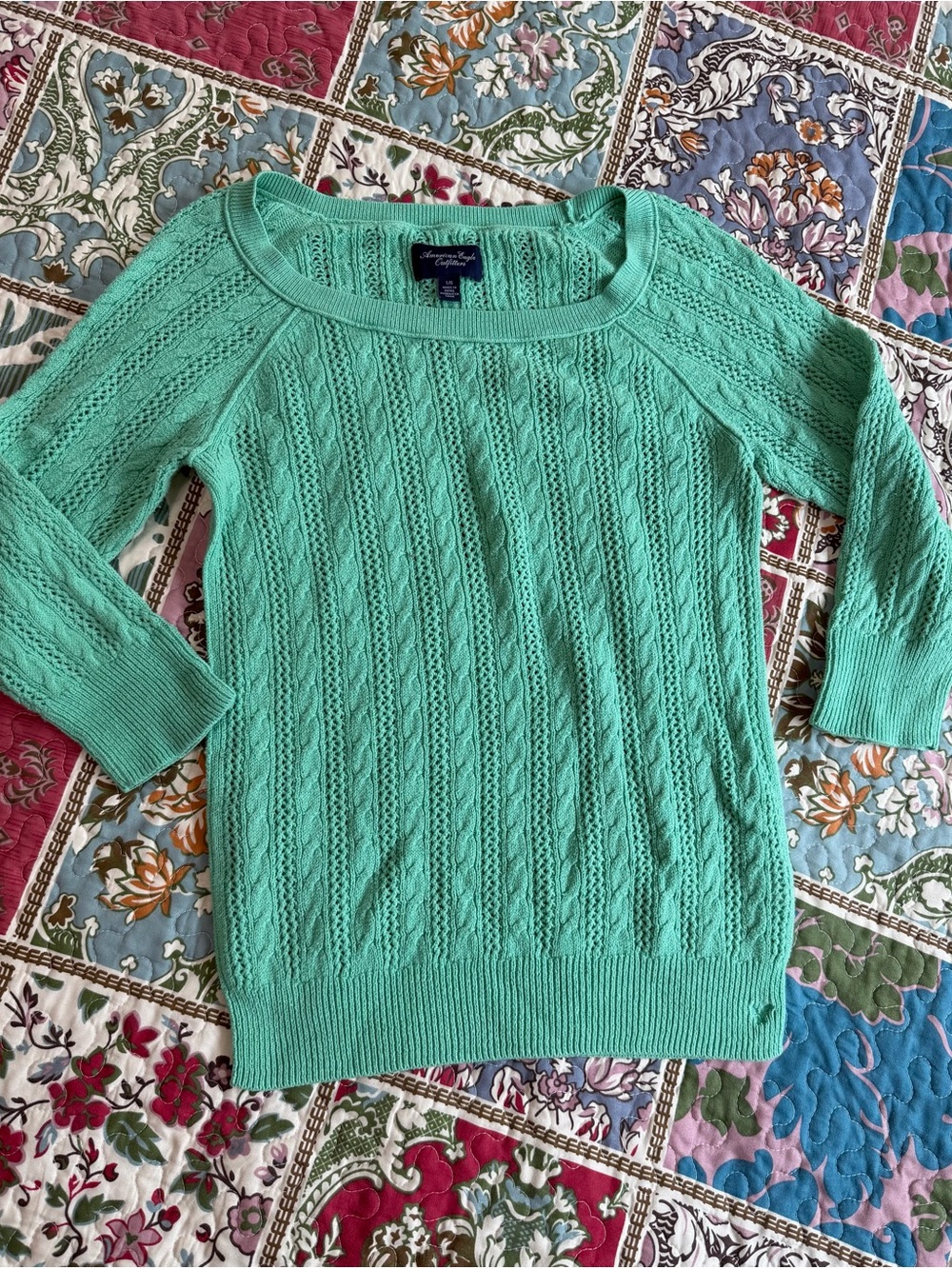 American Eagle Mint Green Cable Knit Pointelle Sweater L